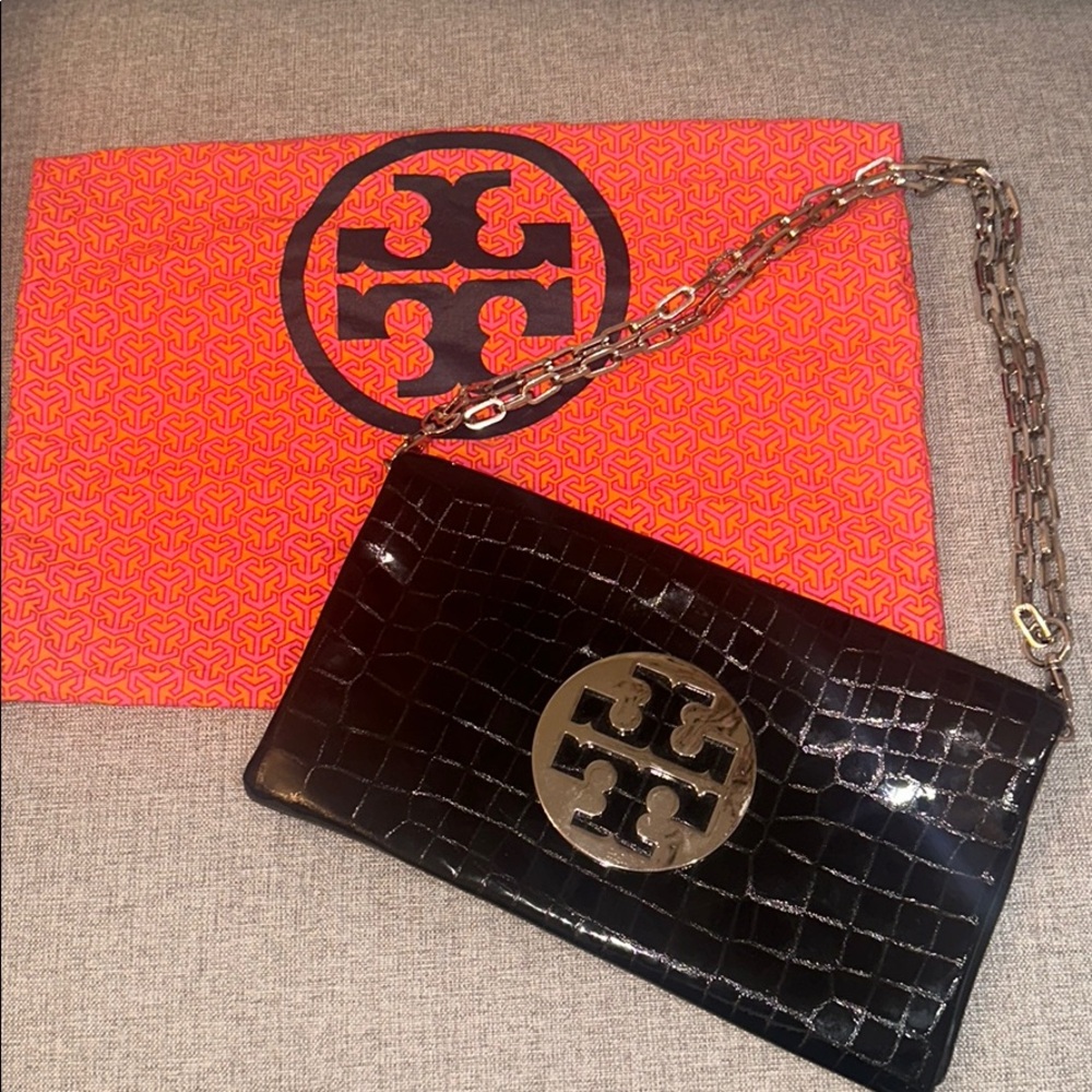 TORY BURCH Black Embossed Leather Shoulder Bag